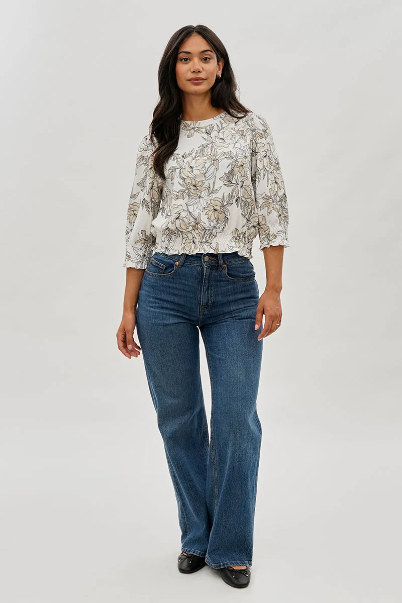 Runaway Bay Floral Smocked Hem Blouse - White - Image 5
