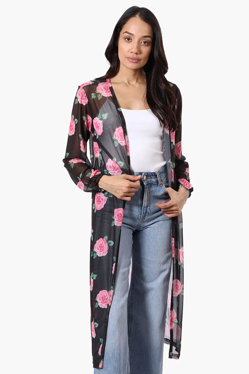 Stylexchange Floral Long Sleeve Sheer Duster Cardigan - Black