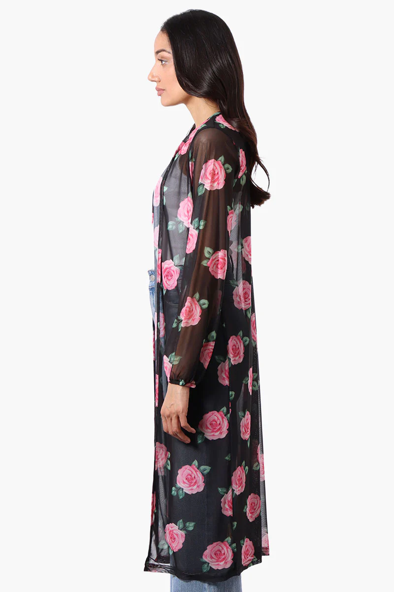 Stylexchange Floral Long Sleeve Sheer Duster Cardigan - Black - Image 2