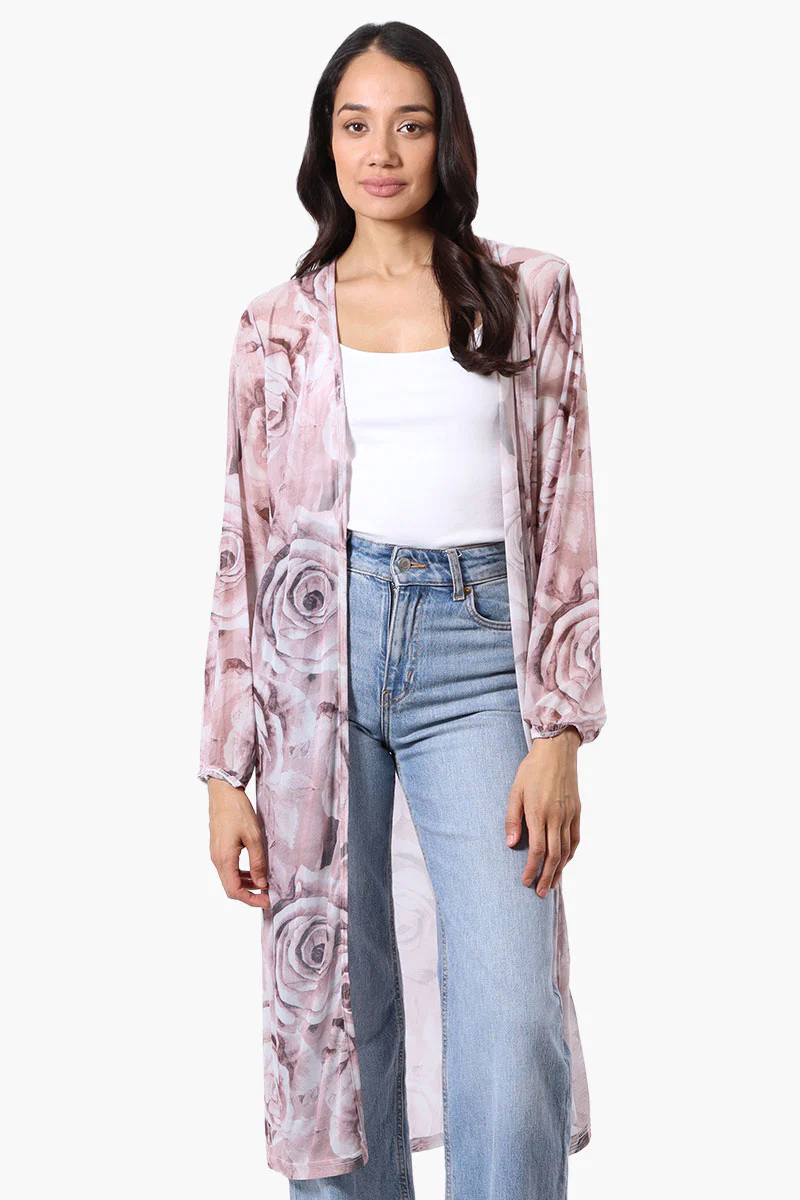 Stylexchange Floral Long Sleeve Sheer Duster Cardigan - Pink