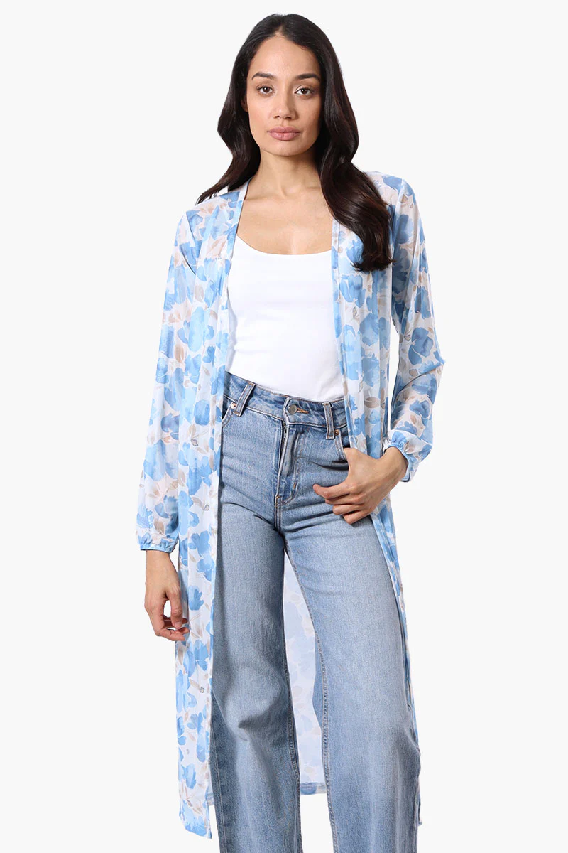 Stylexchange Floral Long Sleeve Sheer Duster Cardigan - Blue