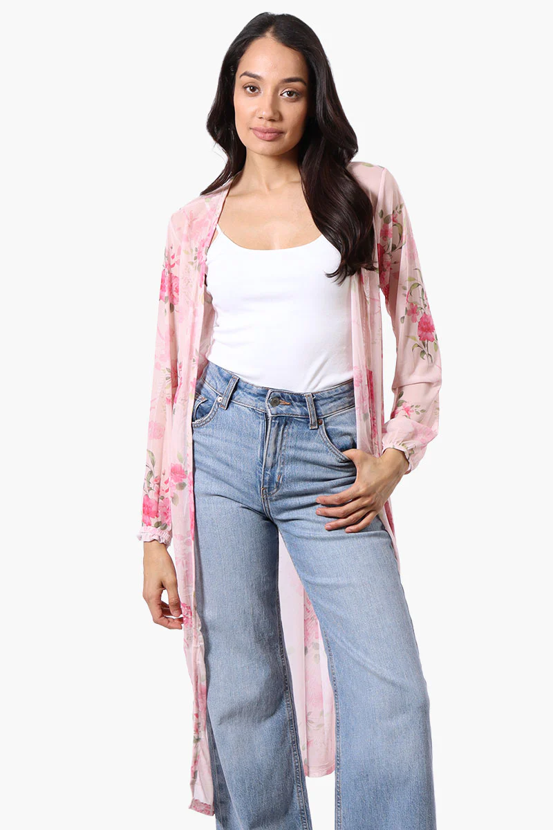 Stylexchange Floral Long Sleeve Sheer Duster Cardigan - Pink