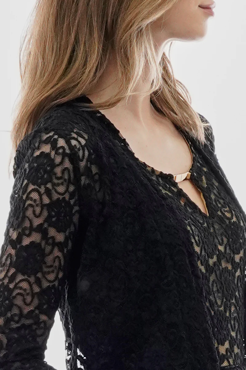 Costa Blanca Floral Lace Open Shrug Cardigan - Black - Image 4