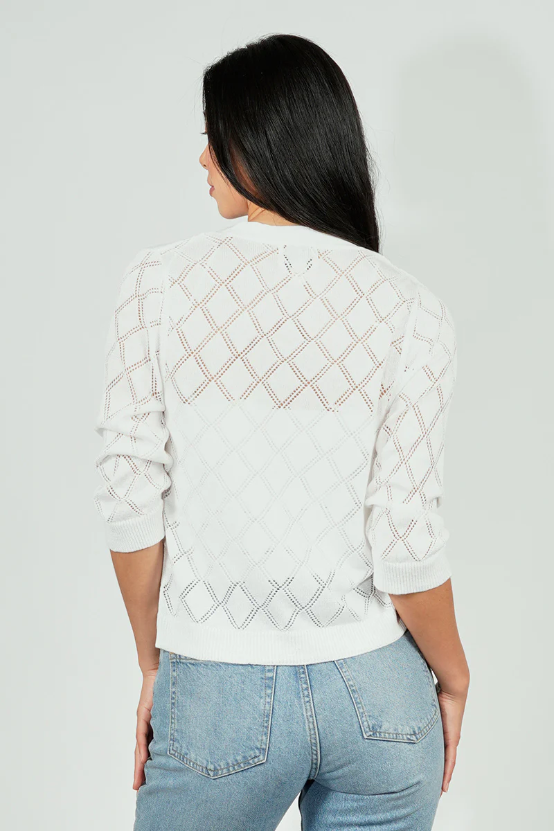 Beechers Brook Diamond Knit 3/4 Sleeve Open Cardigan - White - Image 3