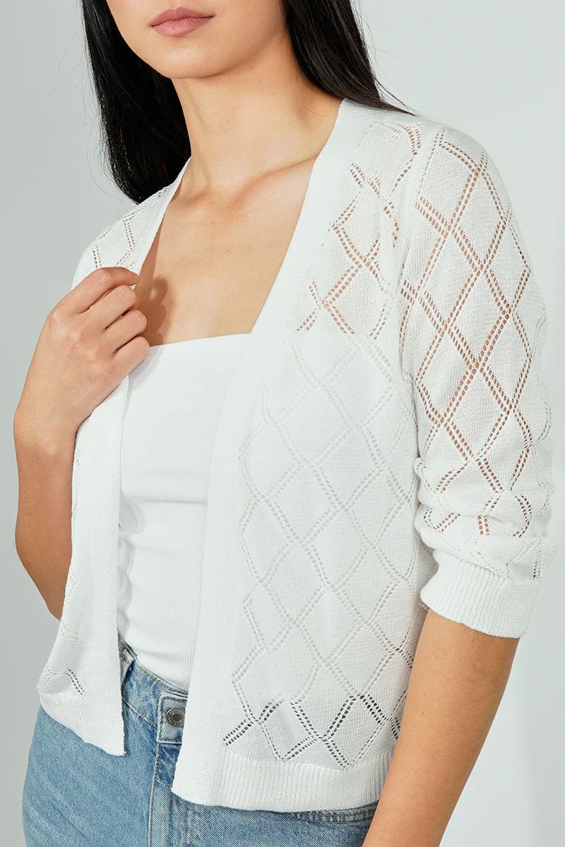 Beechers Brook Diamond Knit 3/4 Sleeve Open Cardigan - White - Image 4