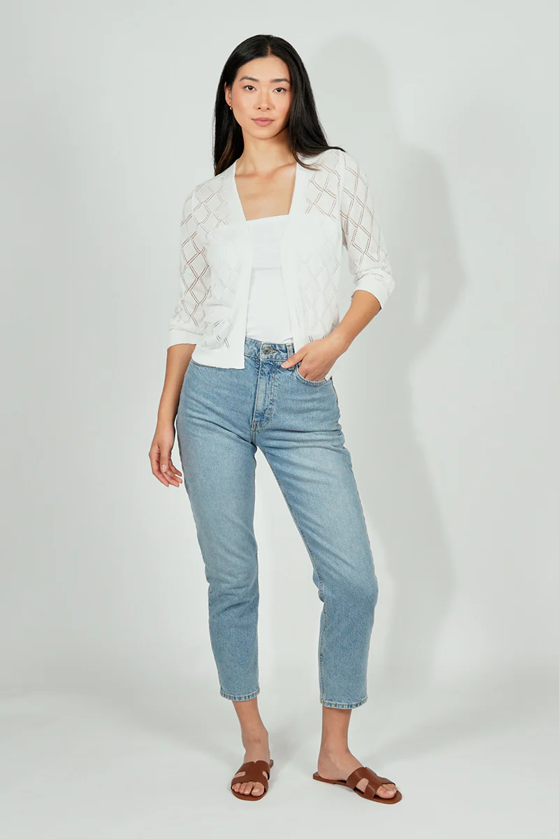Beechers Brook Diamond Knit 3/4 Sleeve Open Cardigan - White - Image 5
