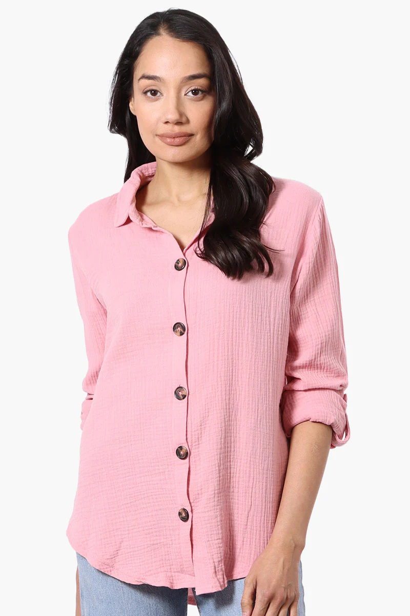 International INC Company Roll Up Sleeve Button Down Shirt - Pink