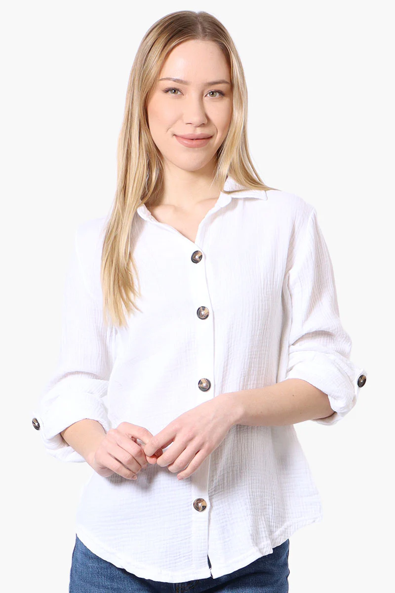 International INC Company Roll Up Sleeve Button Down Shirt - White