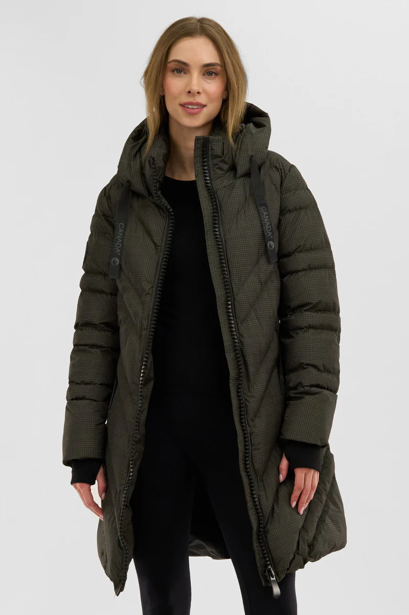 Canada Weather Gear Chevron Quilted Long Parka Jacket - Olive