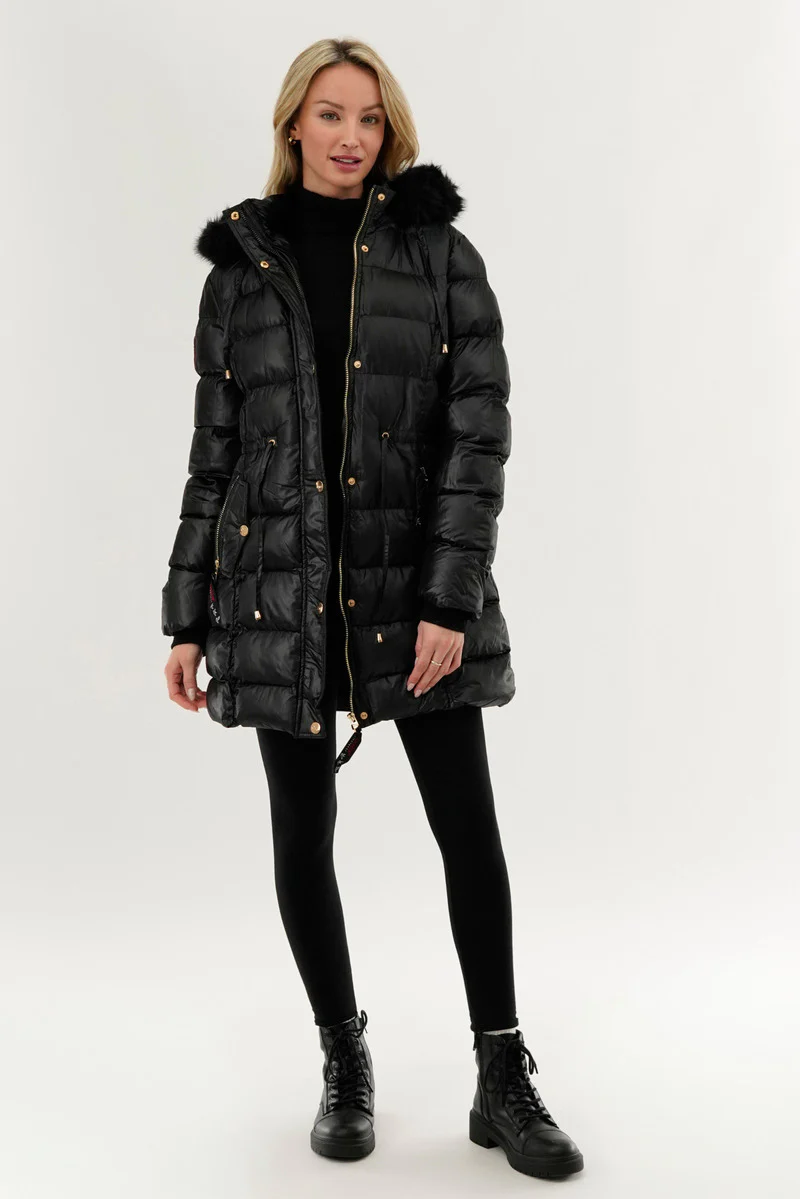 Canada Weather Gear Tie Waist Puffer Parka Jacket - Black - Image 5
