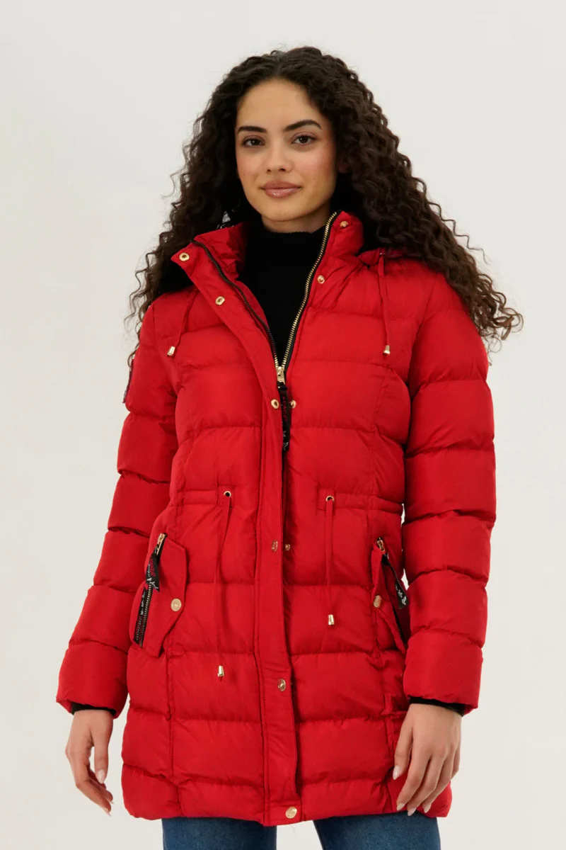 Canada Weather Gear Tie Waist Puffer Parka Jacket - Red