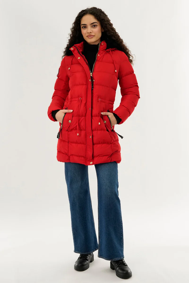 Canada Weather Gear Tie Waist Puffer Parka Jacket - Red - Image 5