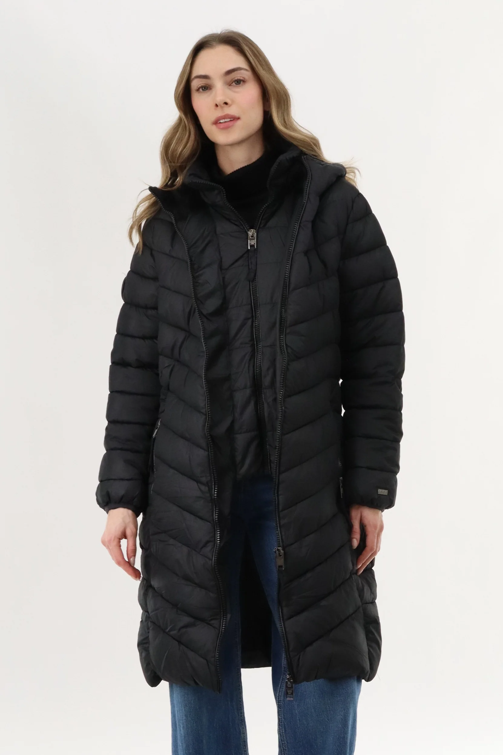 Canada Weather Gear Long Double Zip Chevron Quilted Parka Jacket - Black