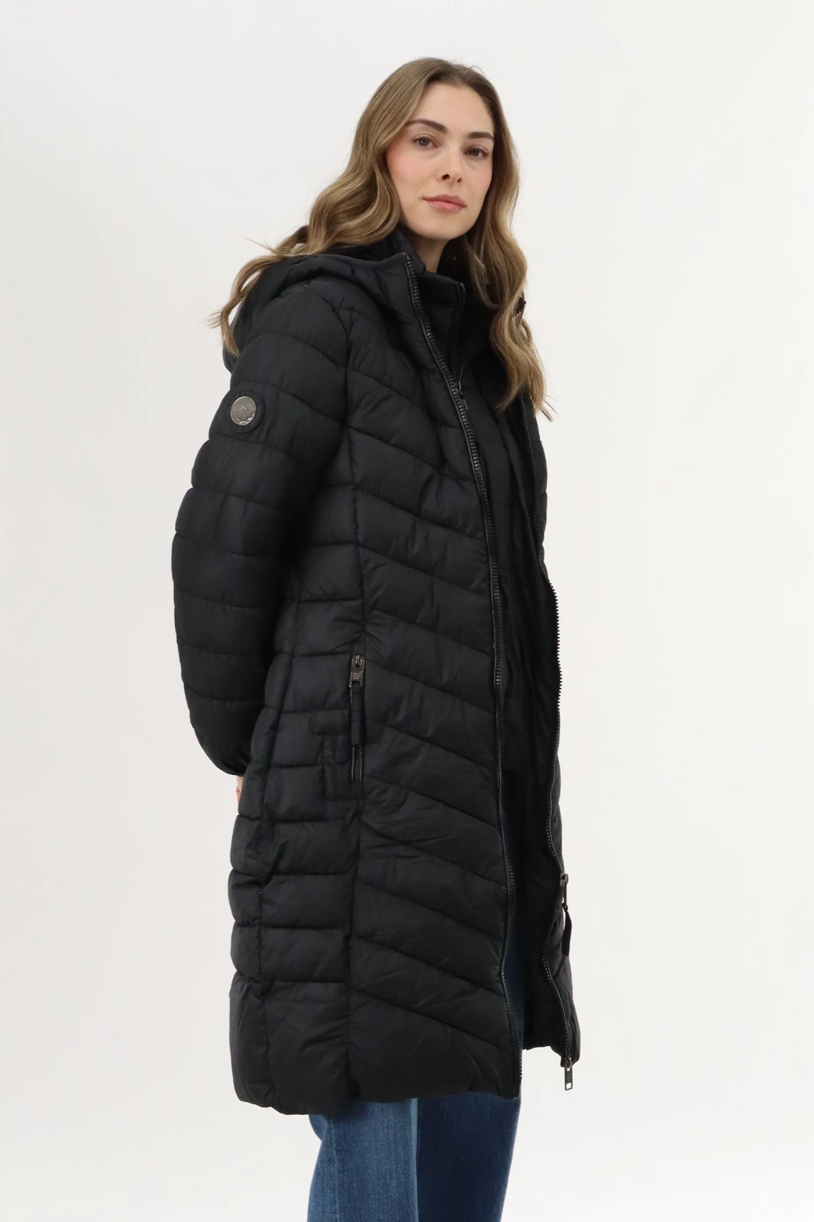 Canada Weather Gear Long Double Zip Chevron Quilted Parka Jacket - Black - Image 2