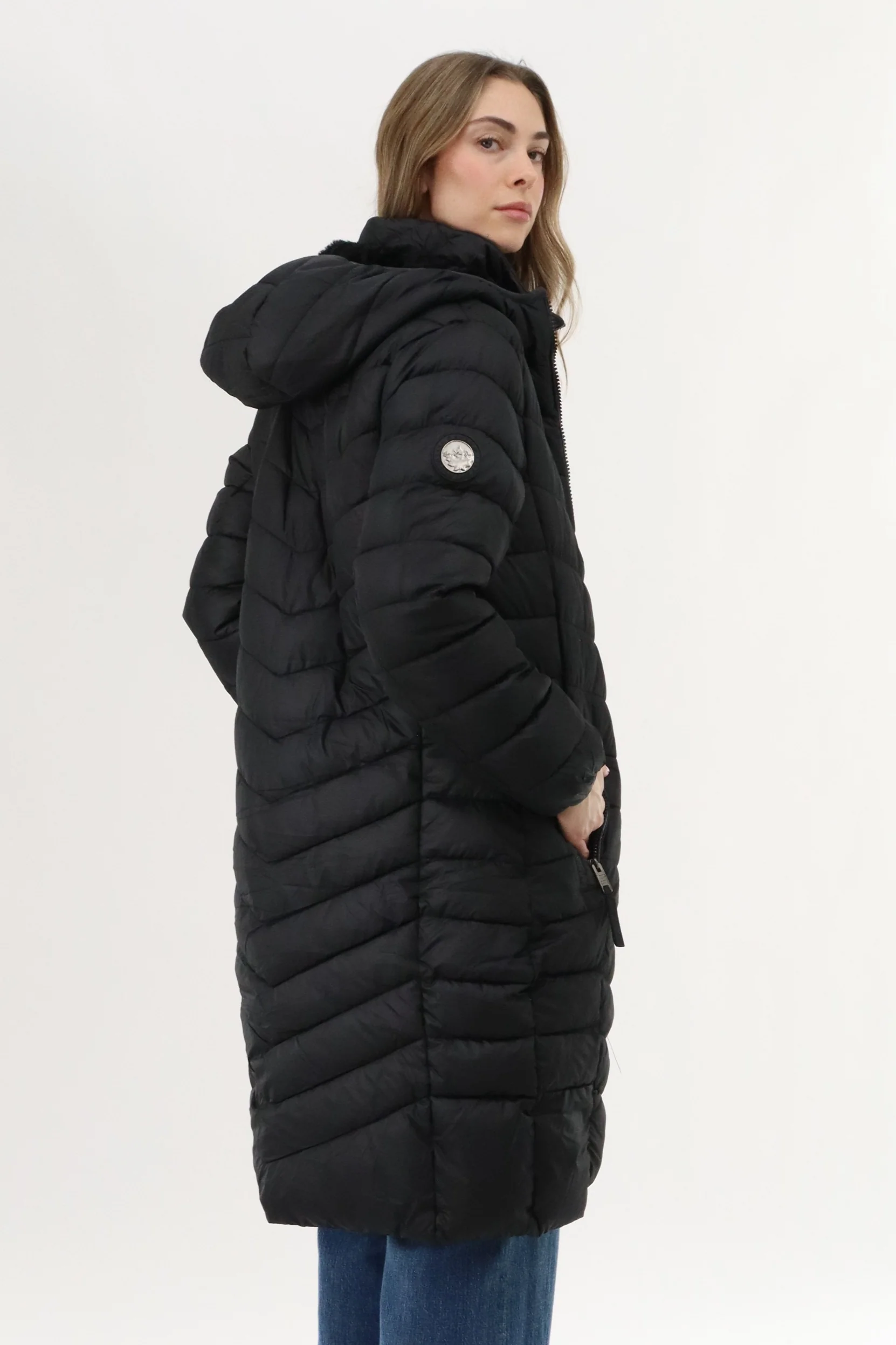 Canada Weather Gear Long Double Zip Chevron Quilted Parka Jacket - Black - Image 3