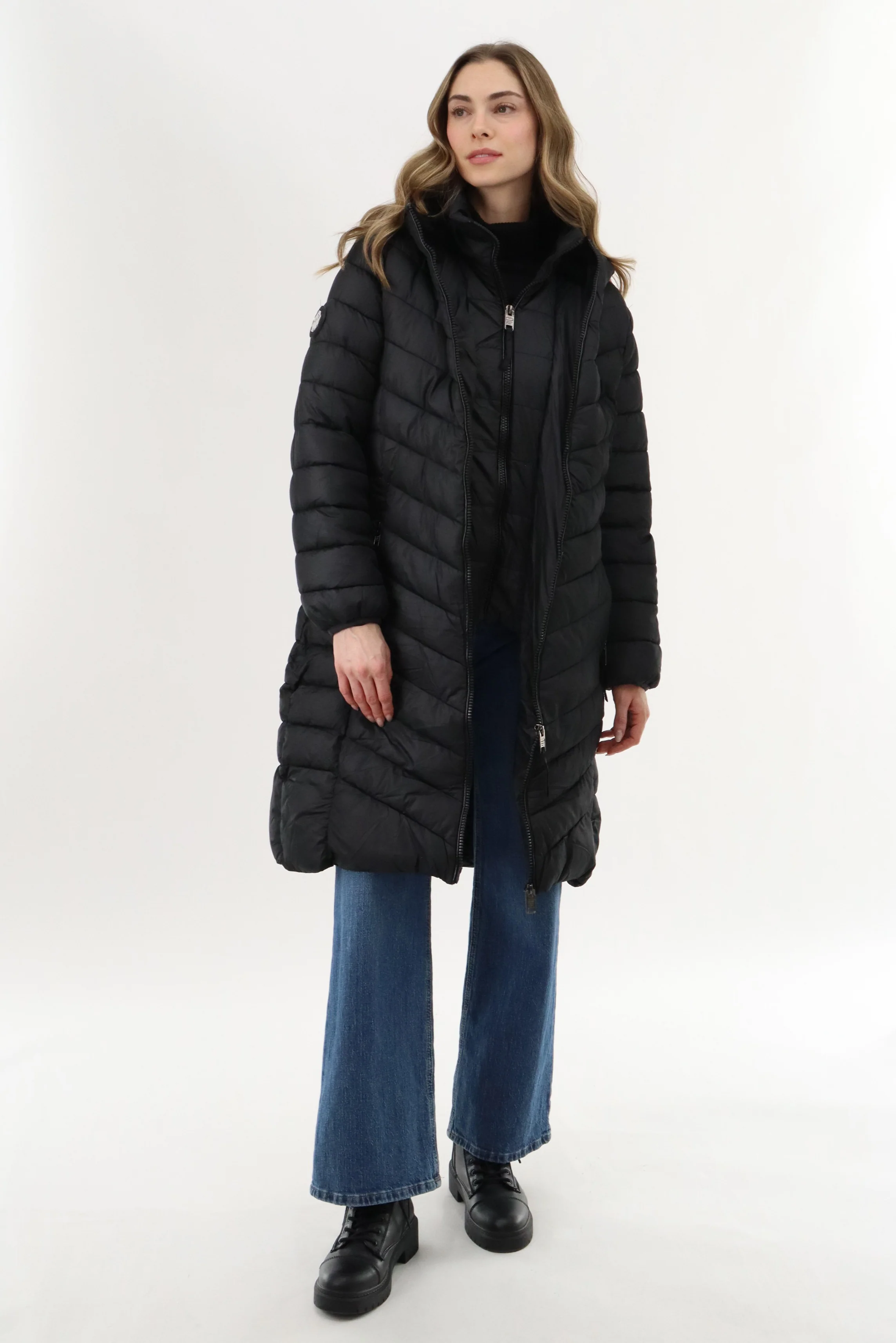 Canada Weather Gear Long Double Zip Chevron Quilted Parka Jacket - Black - Image 4