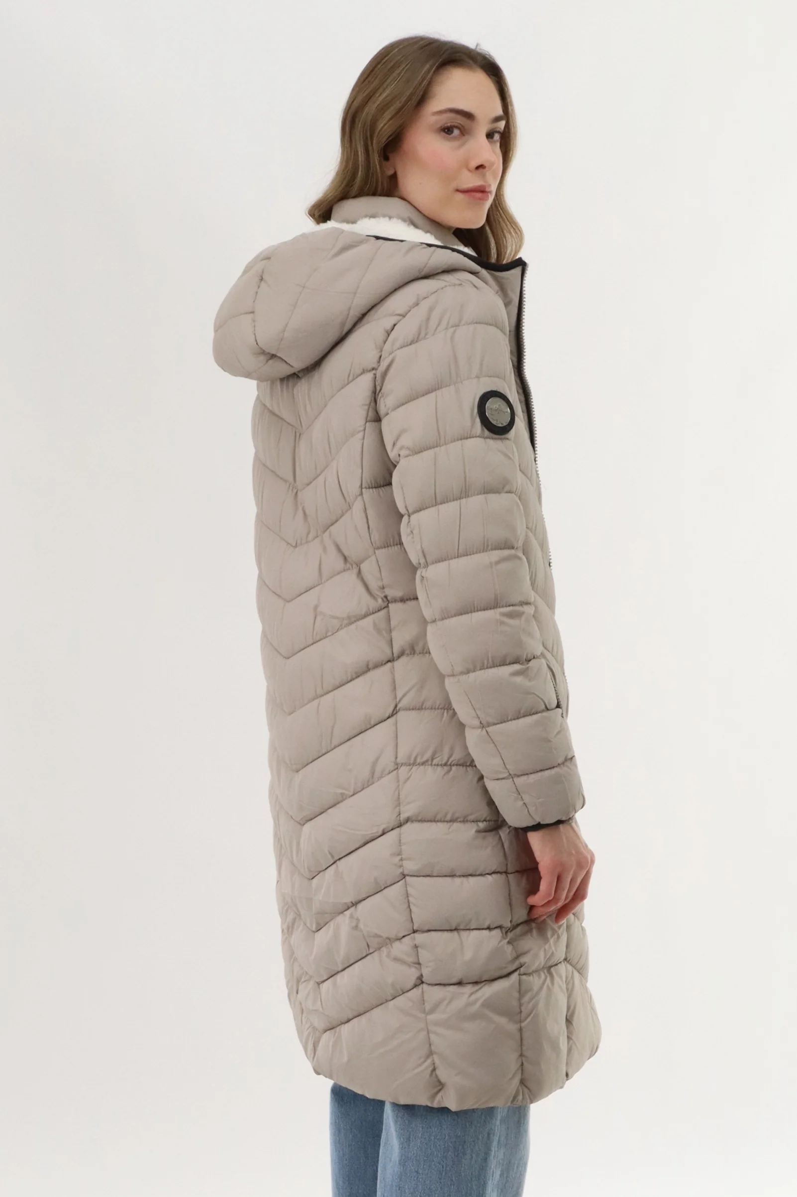 Canada Weather Gear Long Double Zip Chevron Quilted Parka Jacket - Beige - Image 3