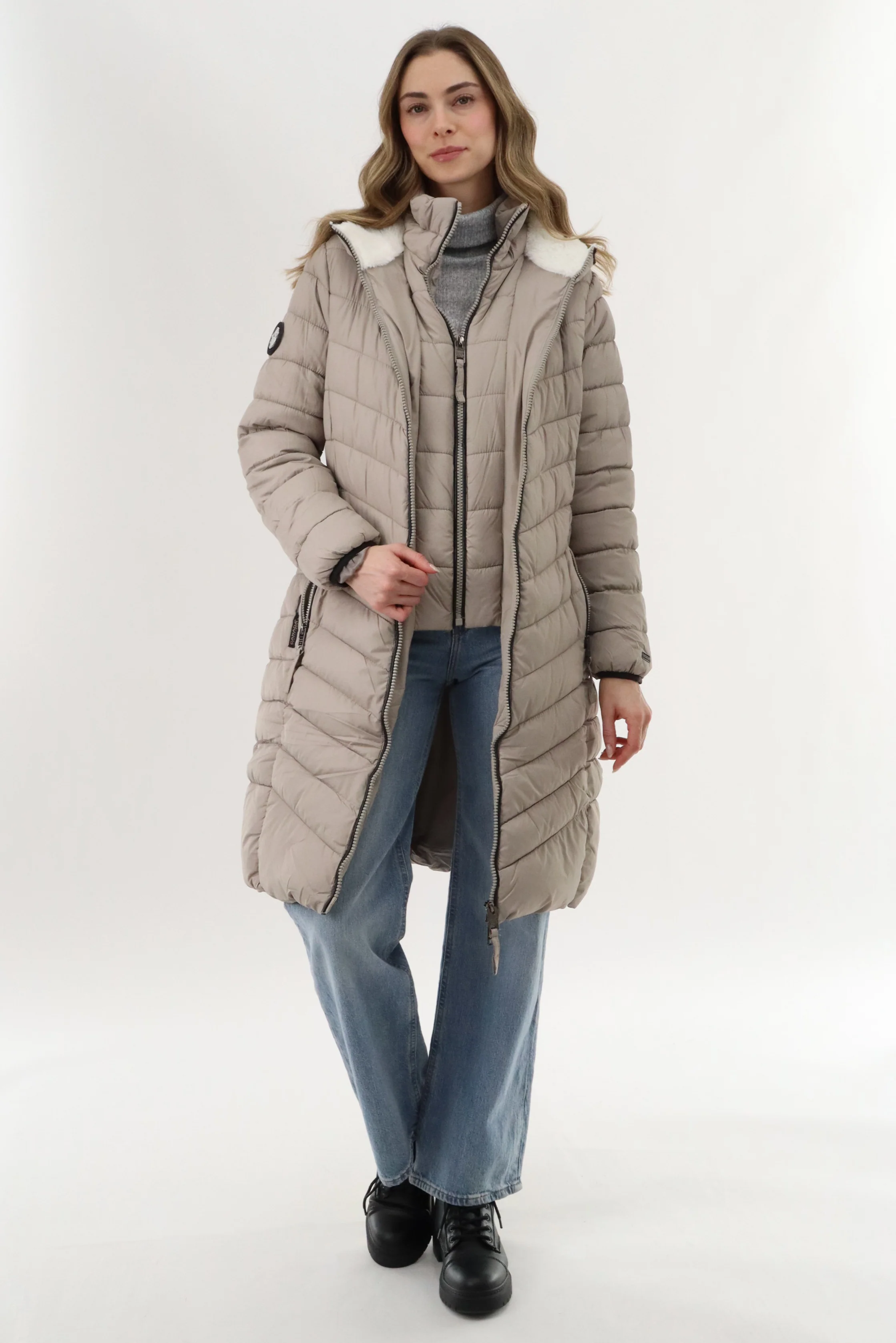 Canada Weather Gear Long Double Zip Chevron Quilted Parka Jacket - Beige - Image 4
