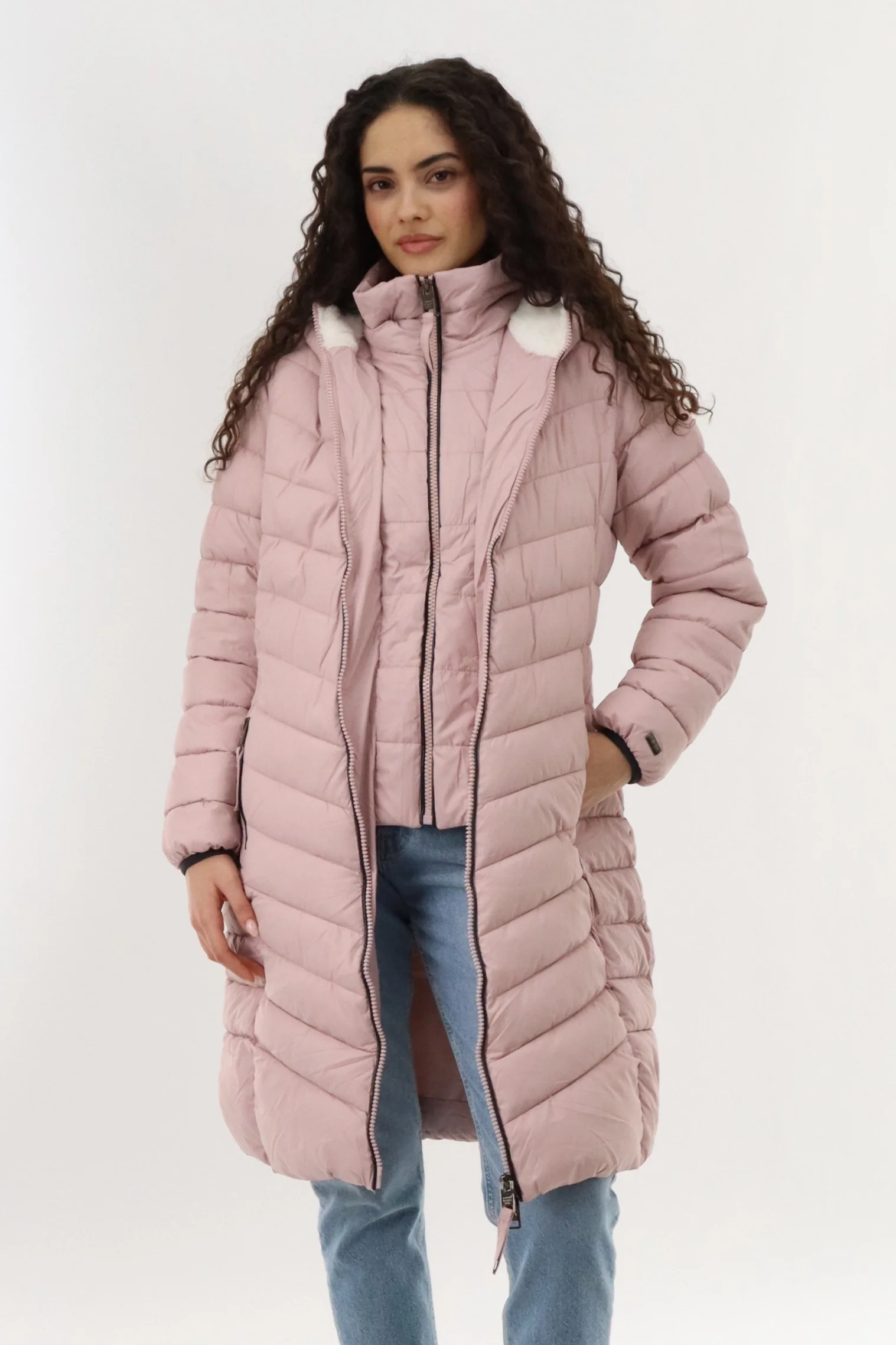 Canada Weather Gear Long Double Zip Chevron Quilted Parka Jacket - Pink