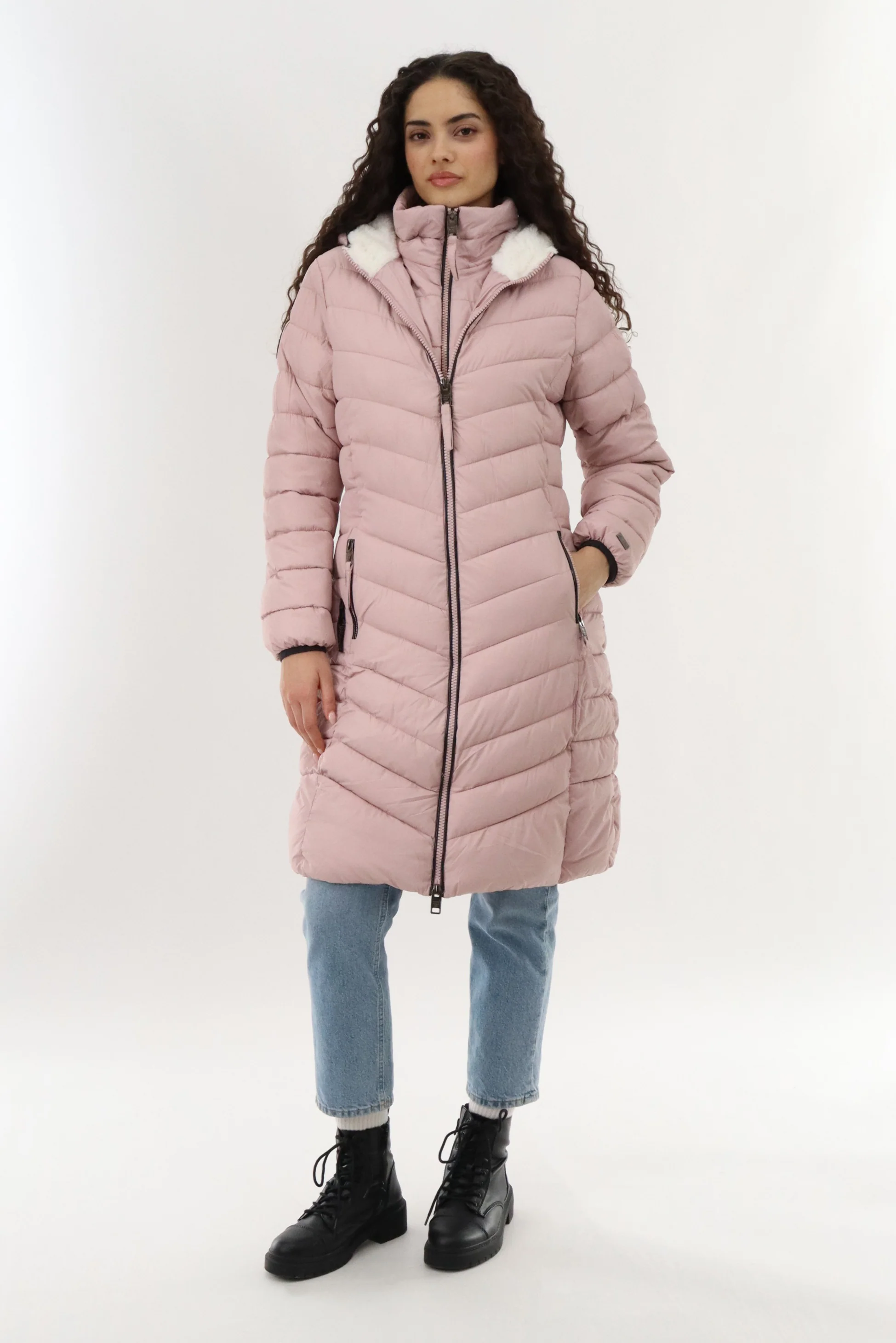 Canada Weather Gear Long Double Zip Chevron Quilted Parka Jacket - Pink - Image 5