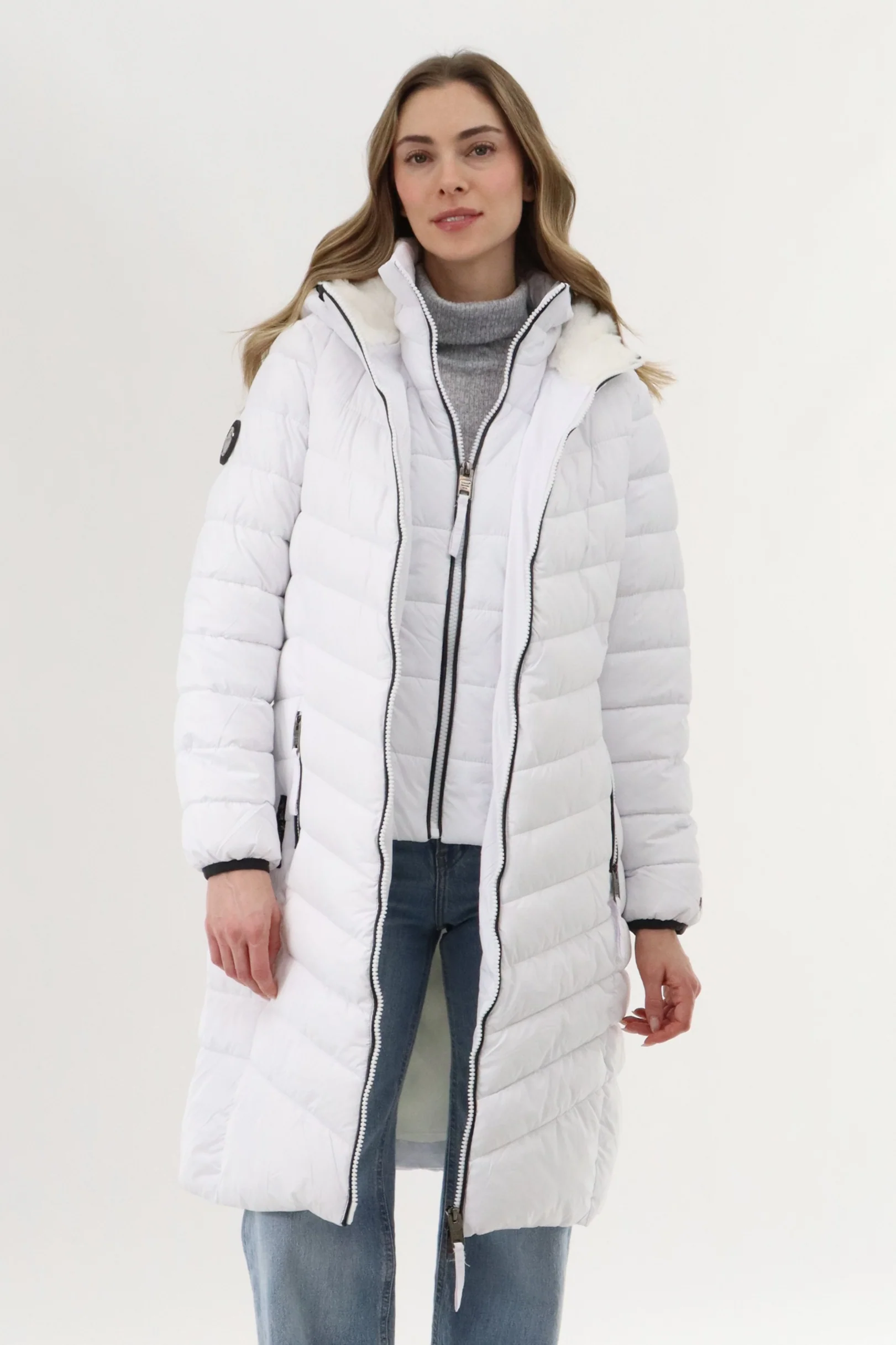Canada Weather Gear Long Double Zip Chevron Quilted Parka Jacket - White