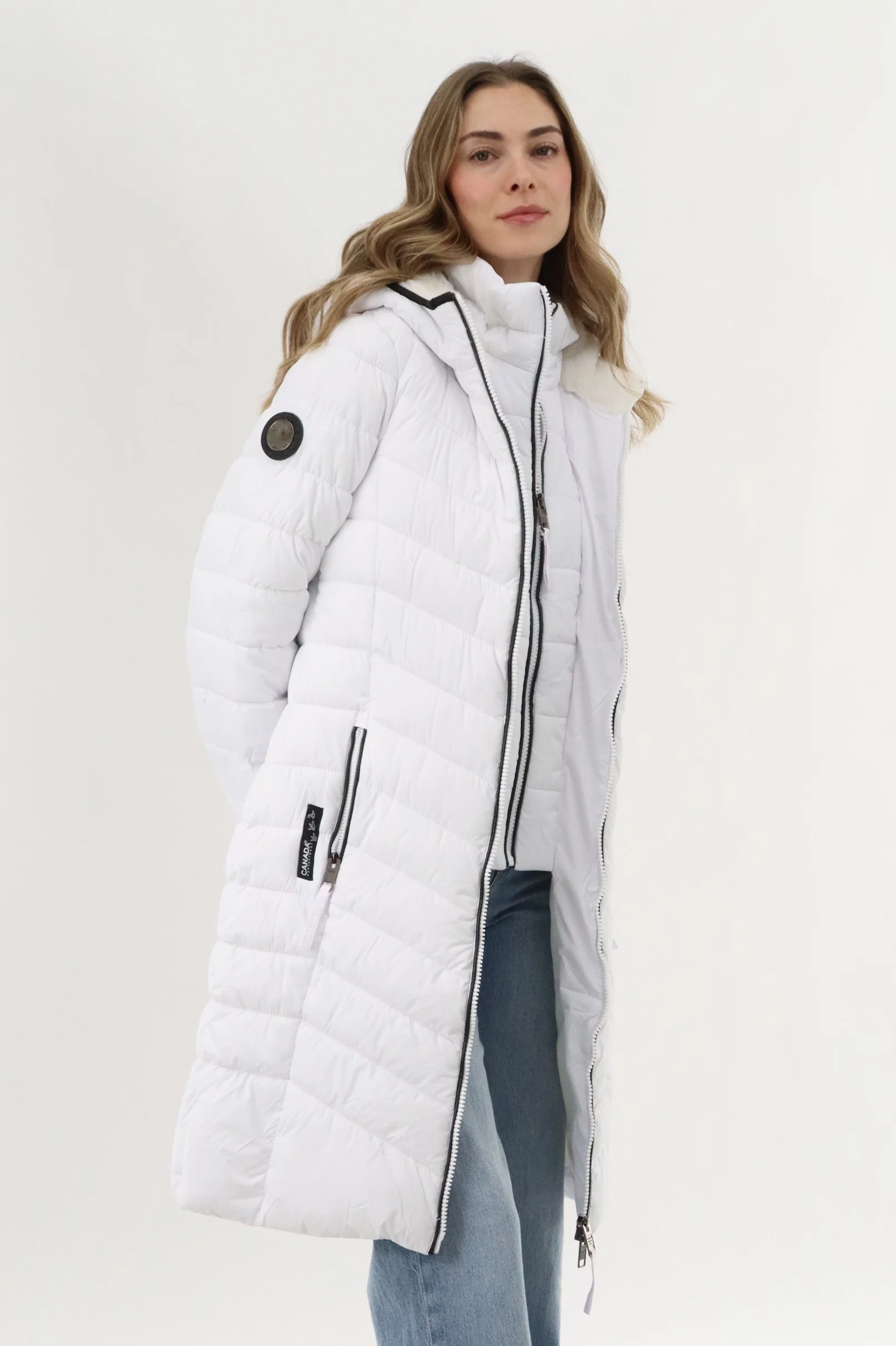 Canada Weather Gear Long Double Zip Chevron Quilted Parka Jacket - White - Image 2