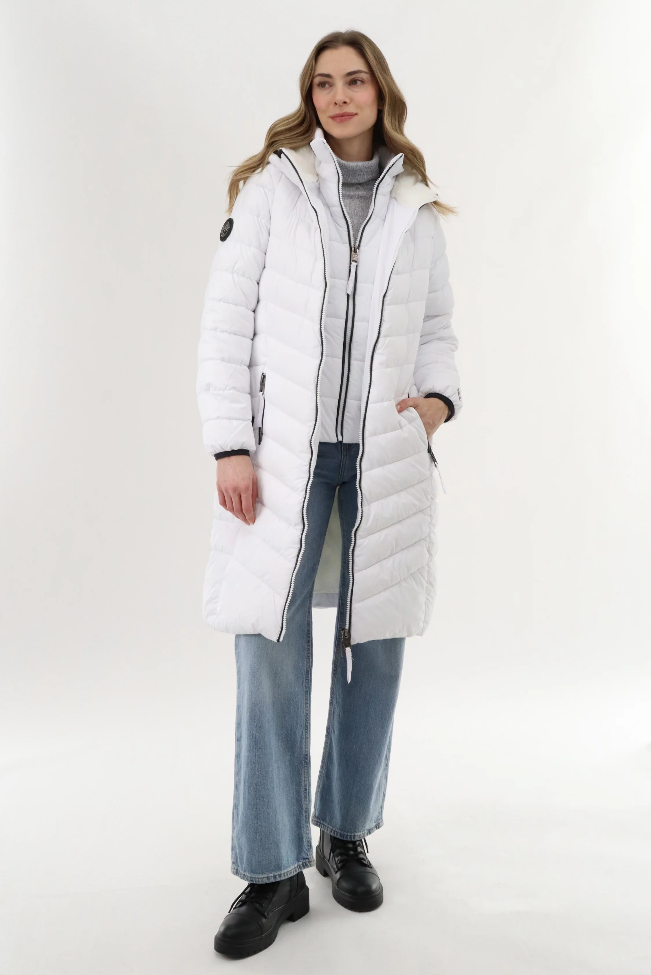 Canada Weather Gear Long Double Zip Chevron Quilted Parka Jacket - White - Image 4