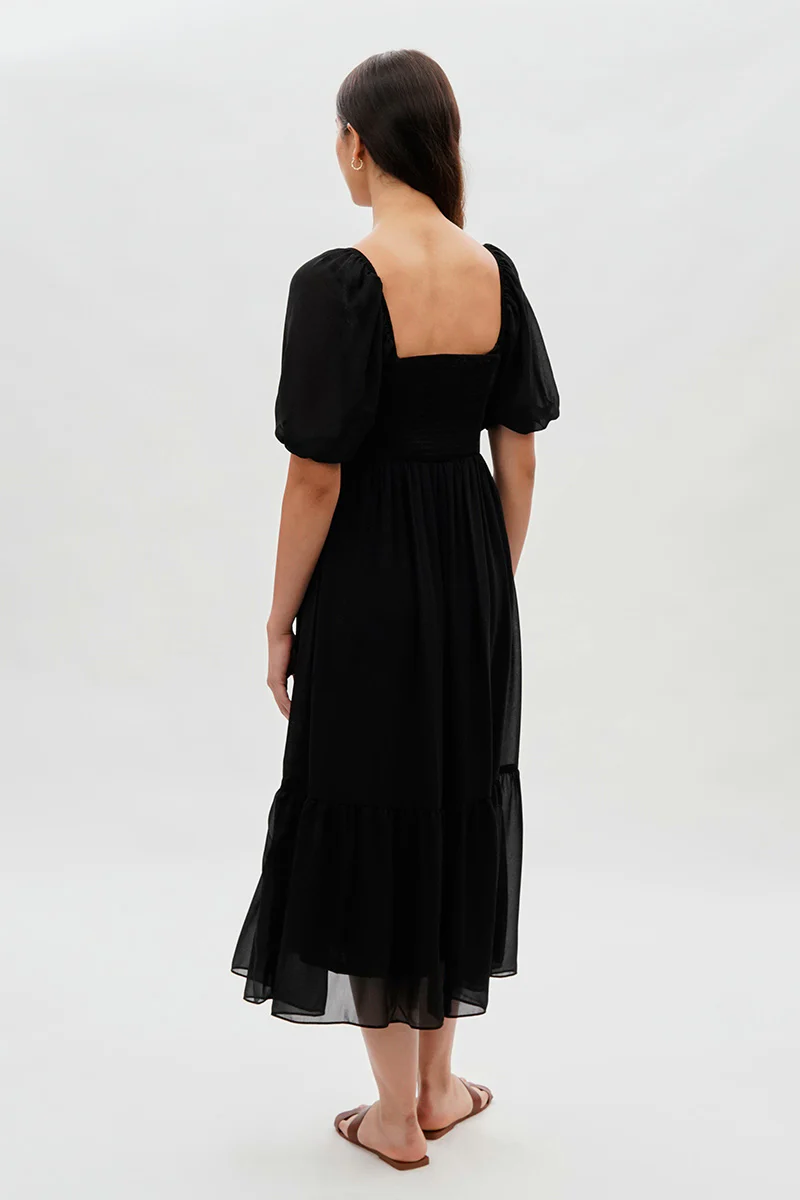 Beechers Brook Pleated Puff Sleeve Midi Dress - Black - Image 3