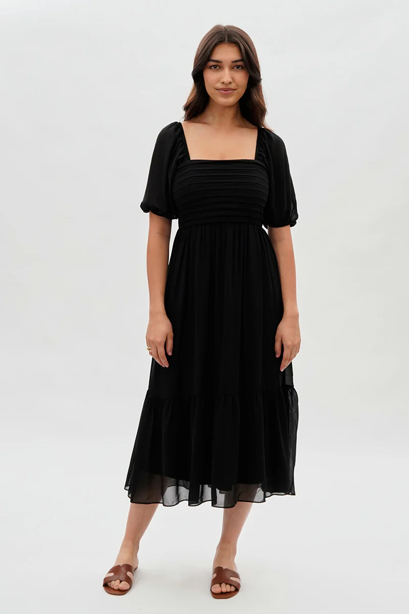 Beechers Brook Pleated Puff Sleeve Midi Dress - Black - Image 5