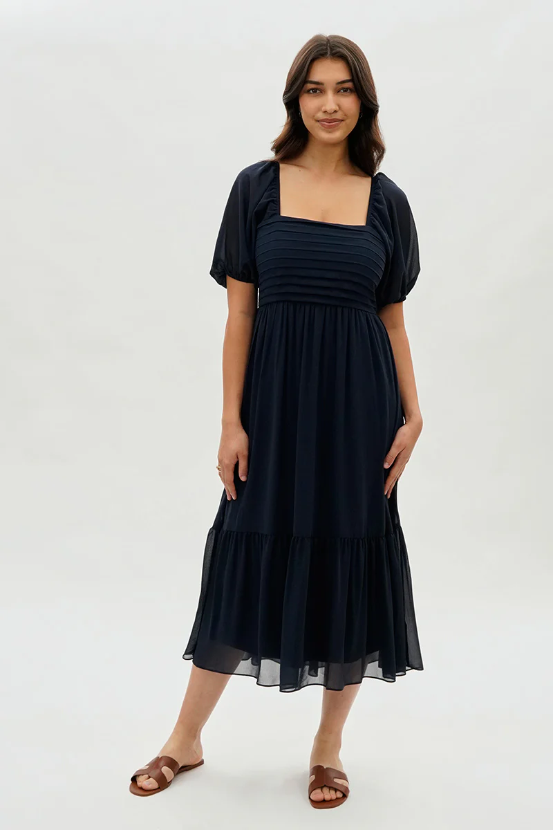 Beechers Brook Pleated Puff Sleeve Midi Dress - Navy - Image 5