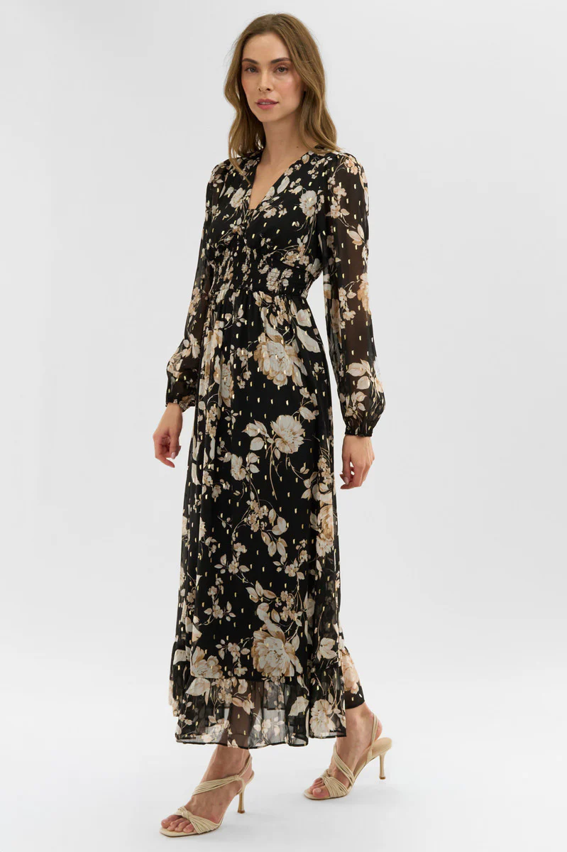 Costa Blanca Floral Long Sleeve Chiffon Maxi Dress - Black - Image 2