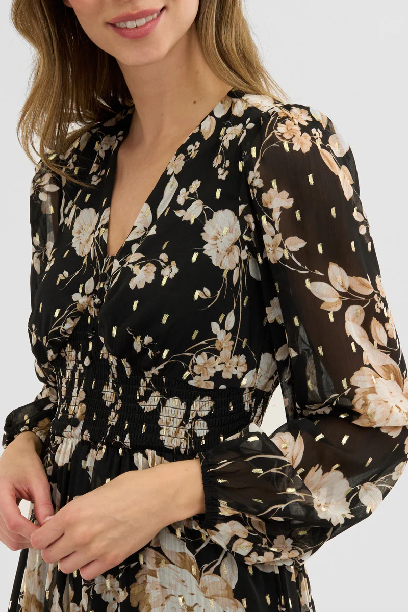 Costa Blanca Floral Long Sleeve Chiffon Maxi Dress - Black - Image 4