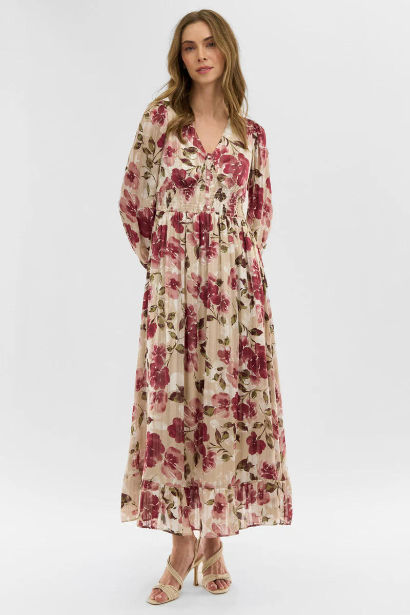 Costa Blanca Floral Long Sleeve Chiffon Maxi Dress - Beige