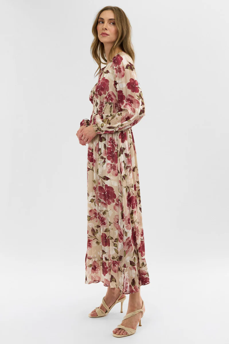 Costa Blanca Floral Long Sleeve Chiffon Maxi Dress - Beige - Image 2