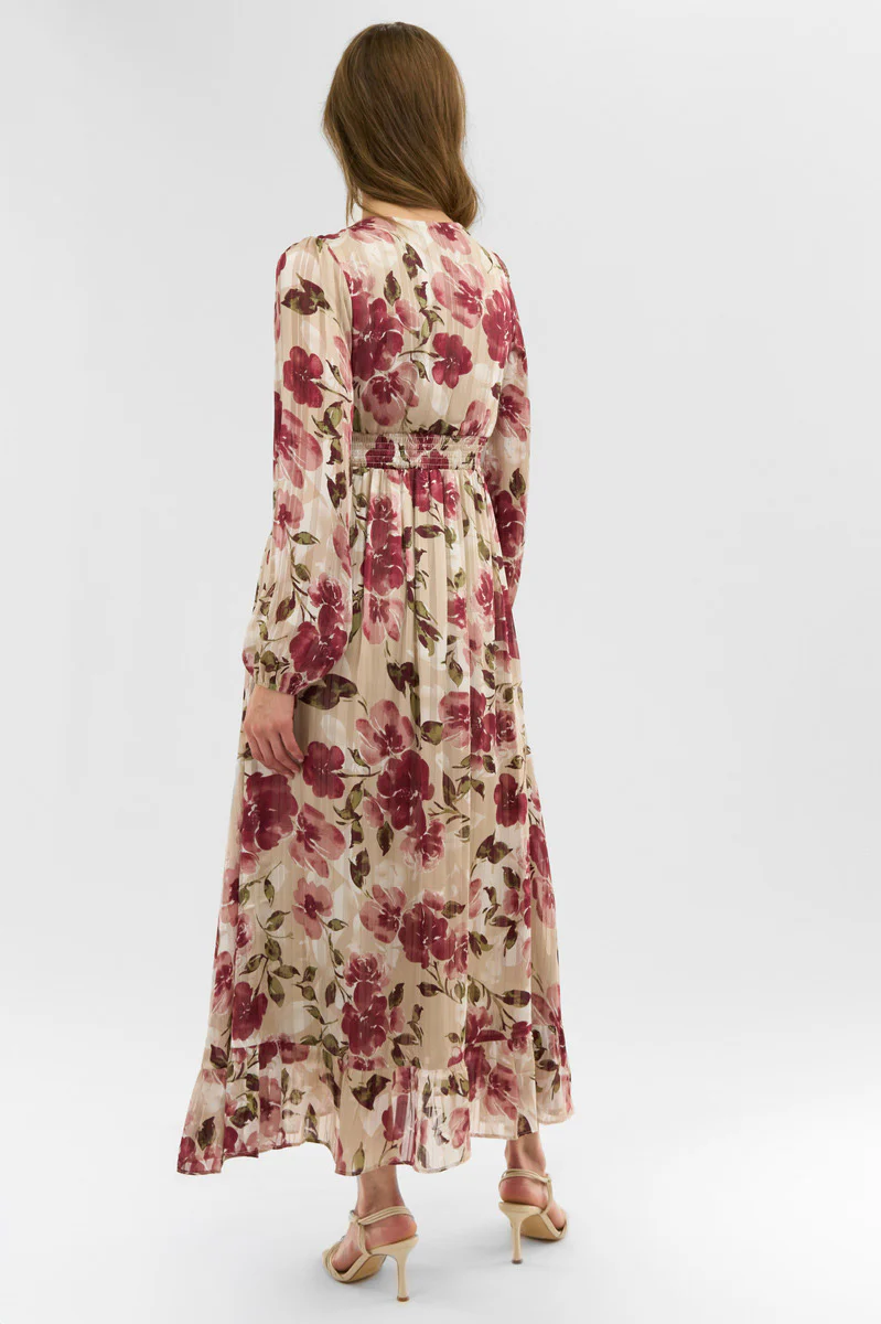 Costa Blanca Floral Long Sleeve Chiffon Maxi Dress - Beige - Image 3