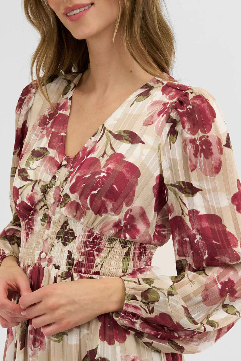 Costa Blanca Floral Long Sleeve Chiffon Maxi Dress - Beige - Image 4