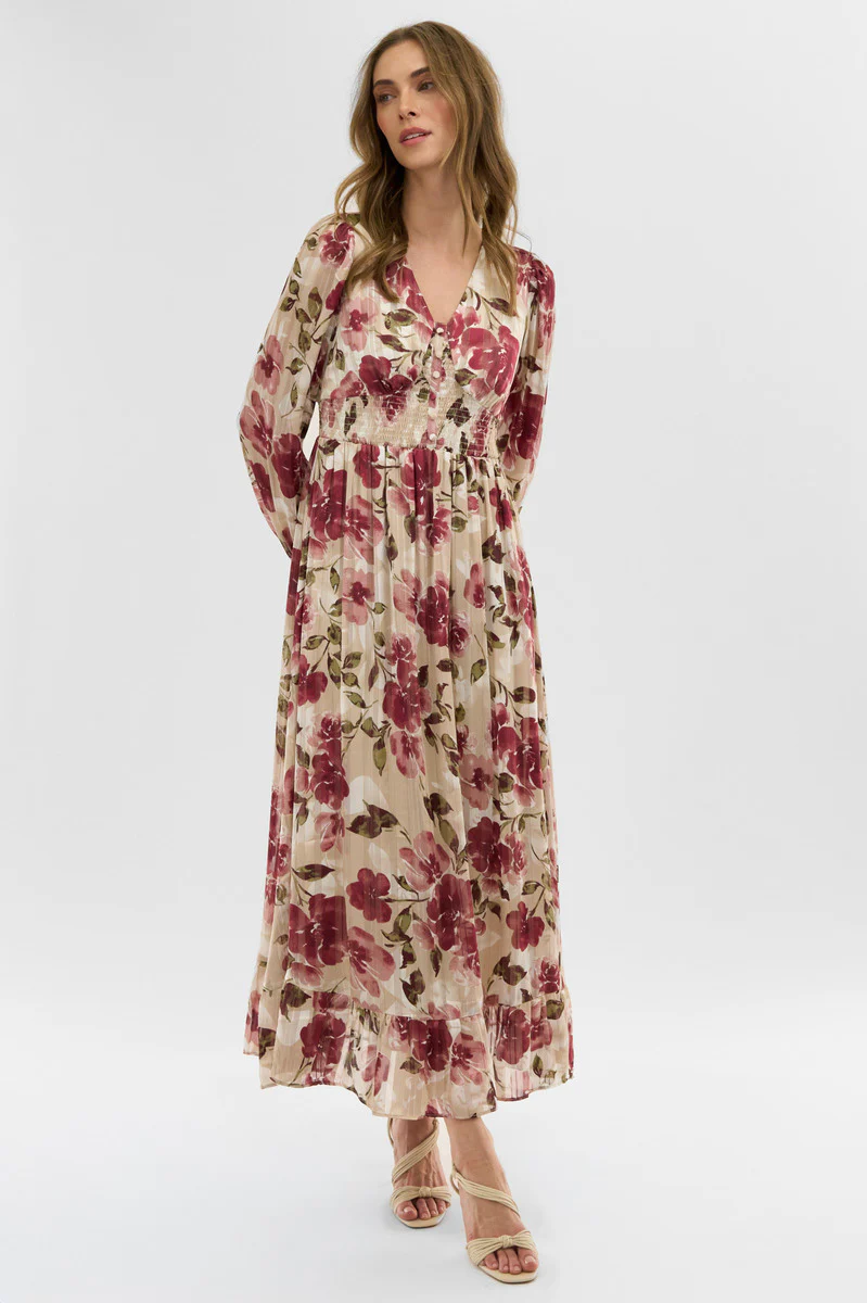 Costa Blanca Floral Long Sleeve Chiffon Maxi Dress - Beige - Image 5
