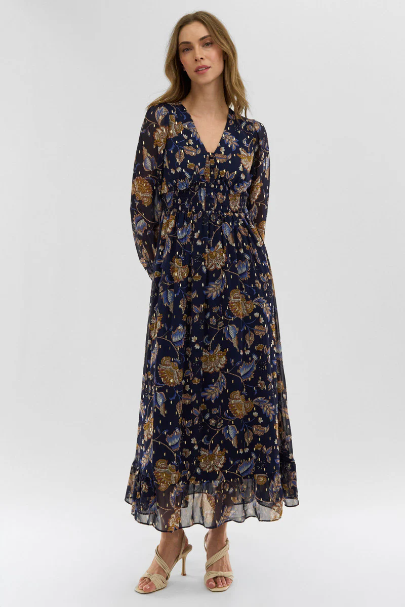 Costa Blanca Floral Long Sleeve Chiffon Maxi Dress - Navy