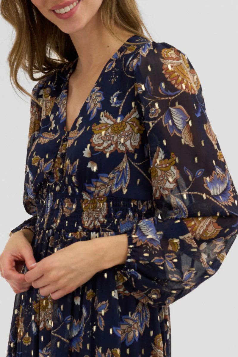 Costa Blanca Floral Long Sleeve Chiffon Maxi Dress - Navy - Image 4