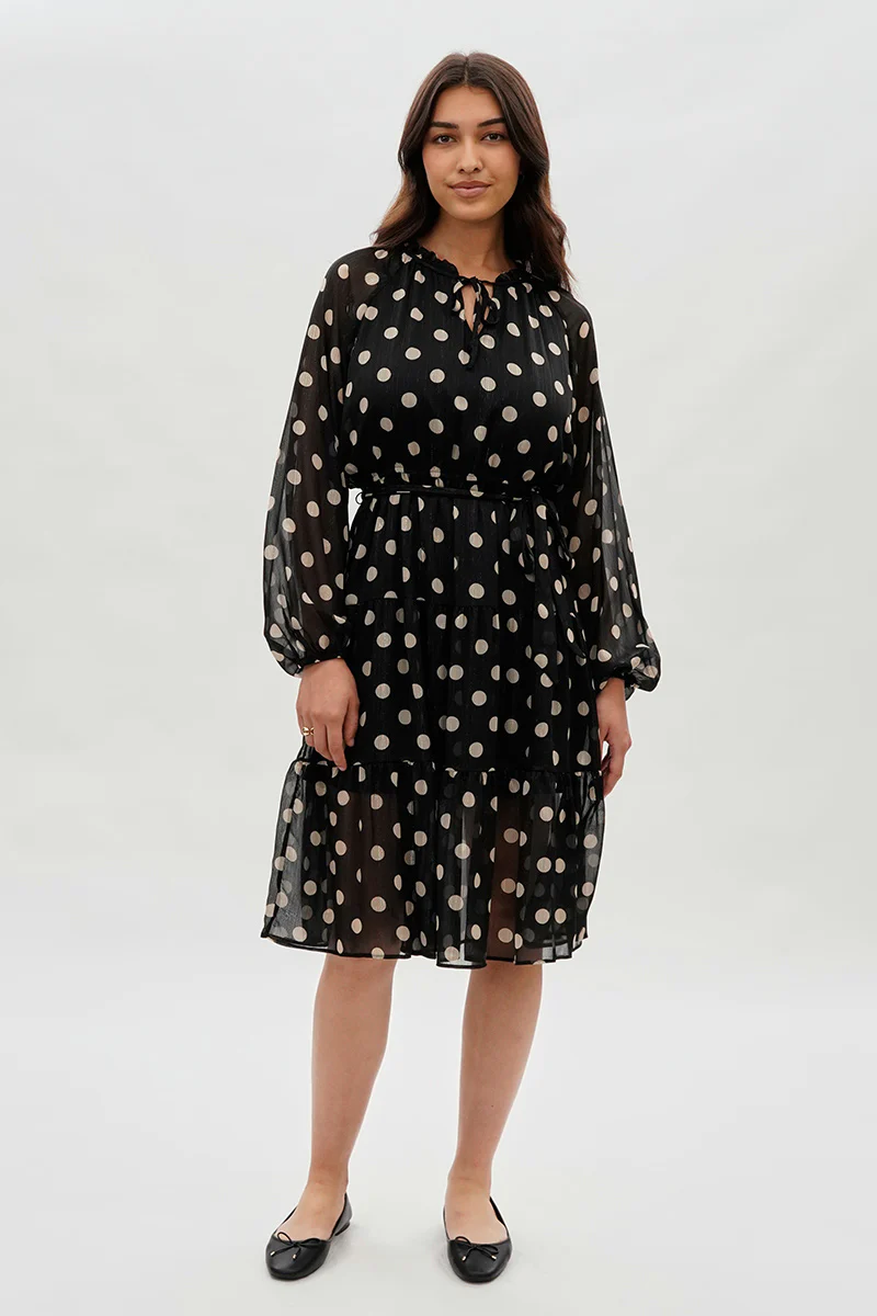 Costa Blanca Polka Dot Long Sleeve Day Dress - Black - Image 5