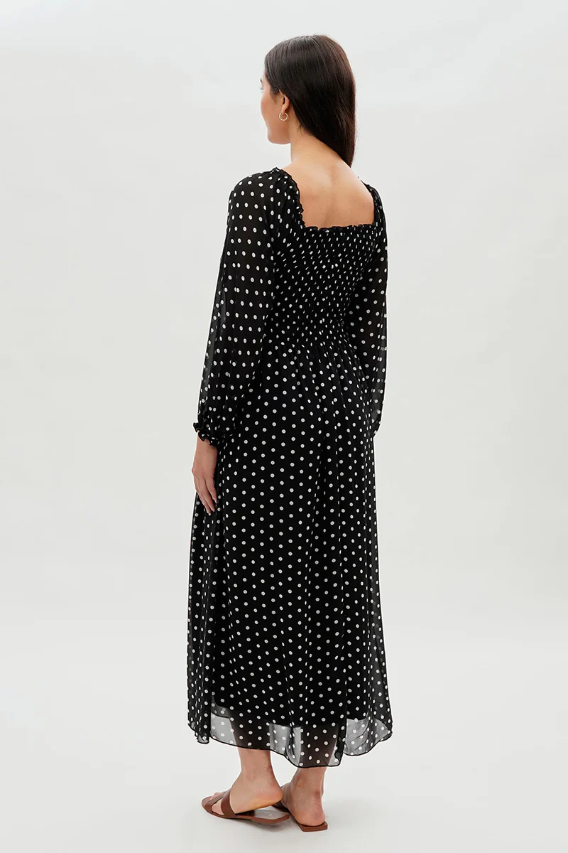 Costa Blanca Polka Dot Smocked Long Sleeve Maxi Dress - Black - Image 3