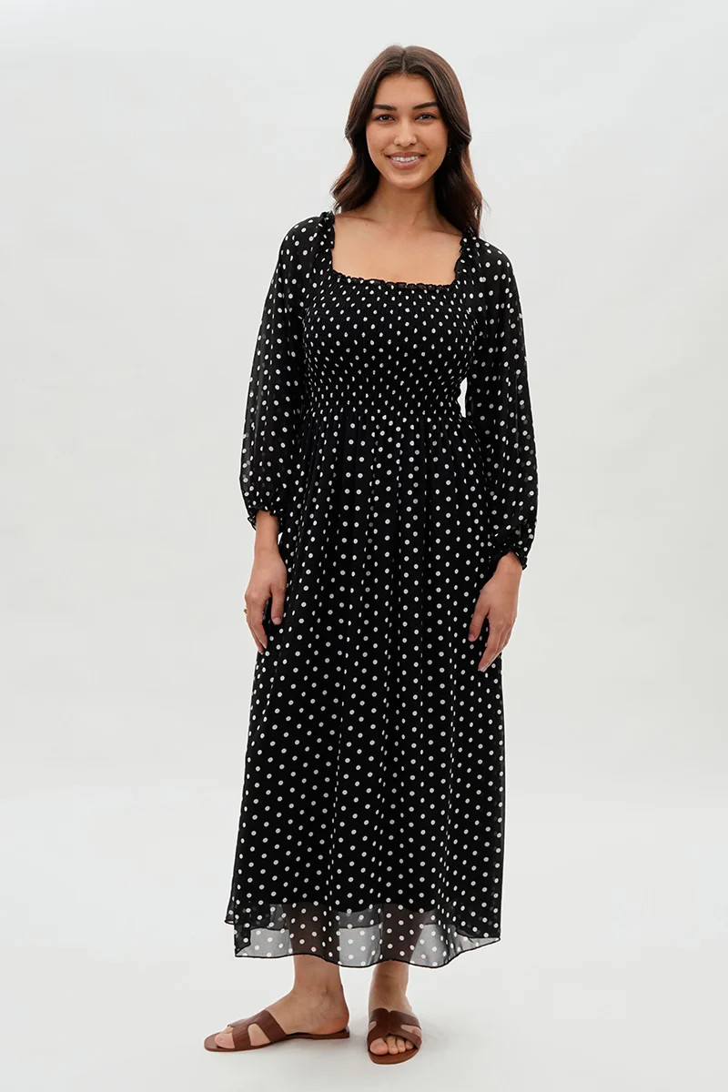 Costa Blanca Polka Dot Smocked Long Sleeve Maxi Dress - Black - Image 5