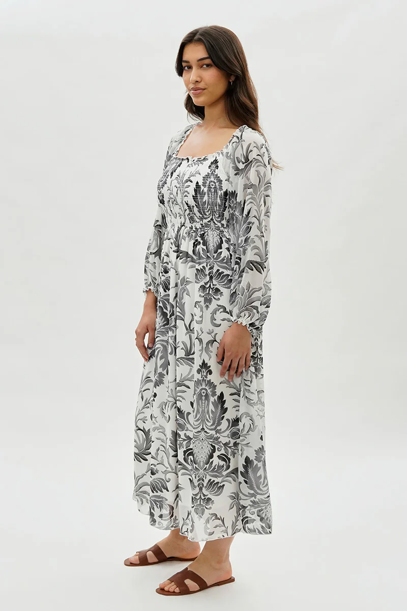 Costa Blanca Floral Smocked Long Sleeve Maxi Dress - Grey - Image 2