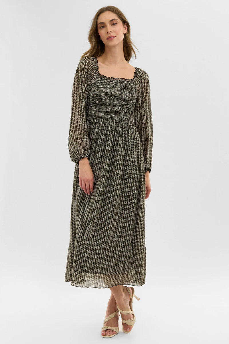 Costa Blanca Long Sleeve Smocked Maxi Dress - Black