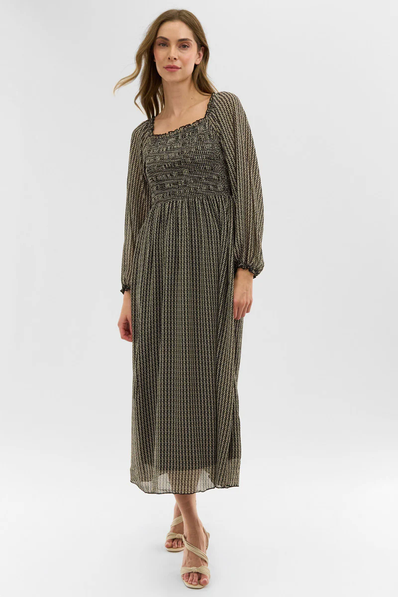 Costa Blanca Long Sleeve Smocked Maxi Dress - Black - Image 5