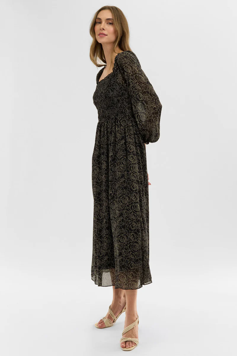 Costa Blanca Floral Long Sleeve Smocked Maxi Dress - Black - Image 2