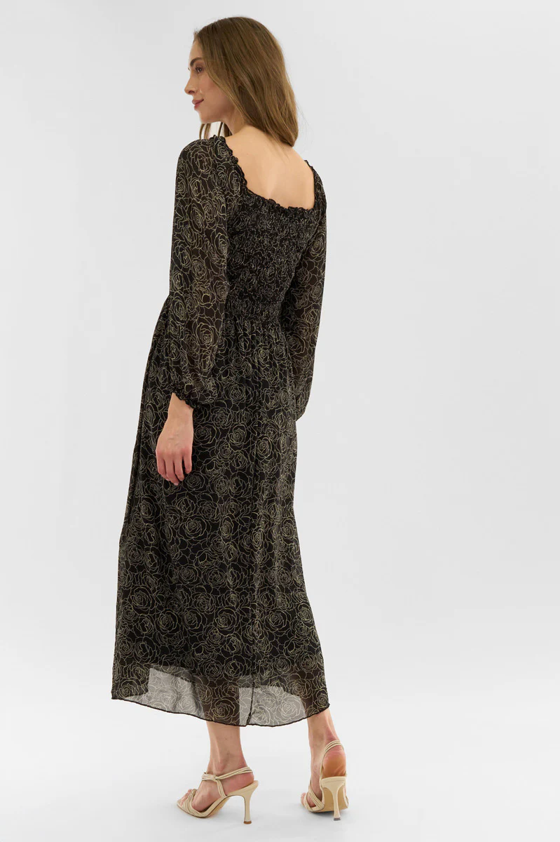 Costa Blanca Floral Long Sleeve Smocked Maxi Dress - Black - Image 3