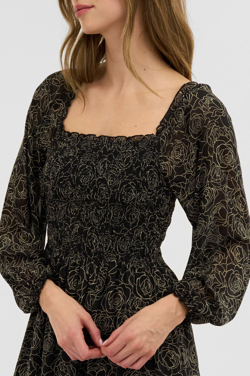 Costa Blanca Floral Long Sleeve Smocked Maxi Dress - Black - Image 4