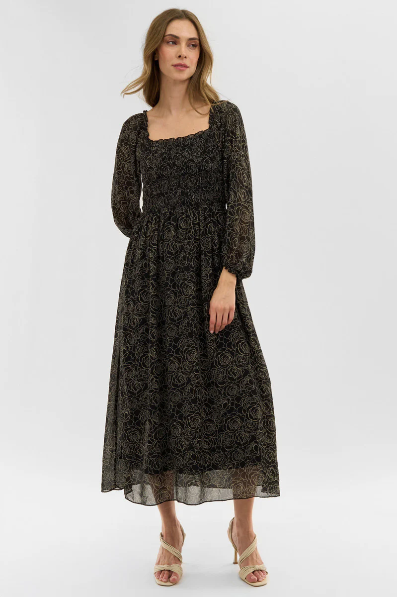 Costa Blanca Floral Long Sleeve Smocked Maxi Dress - Black - Image 5