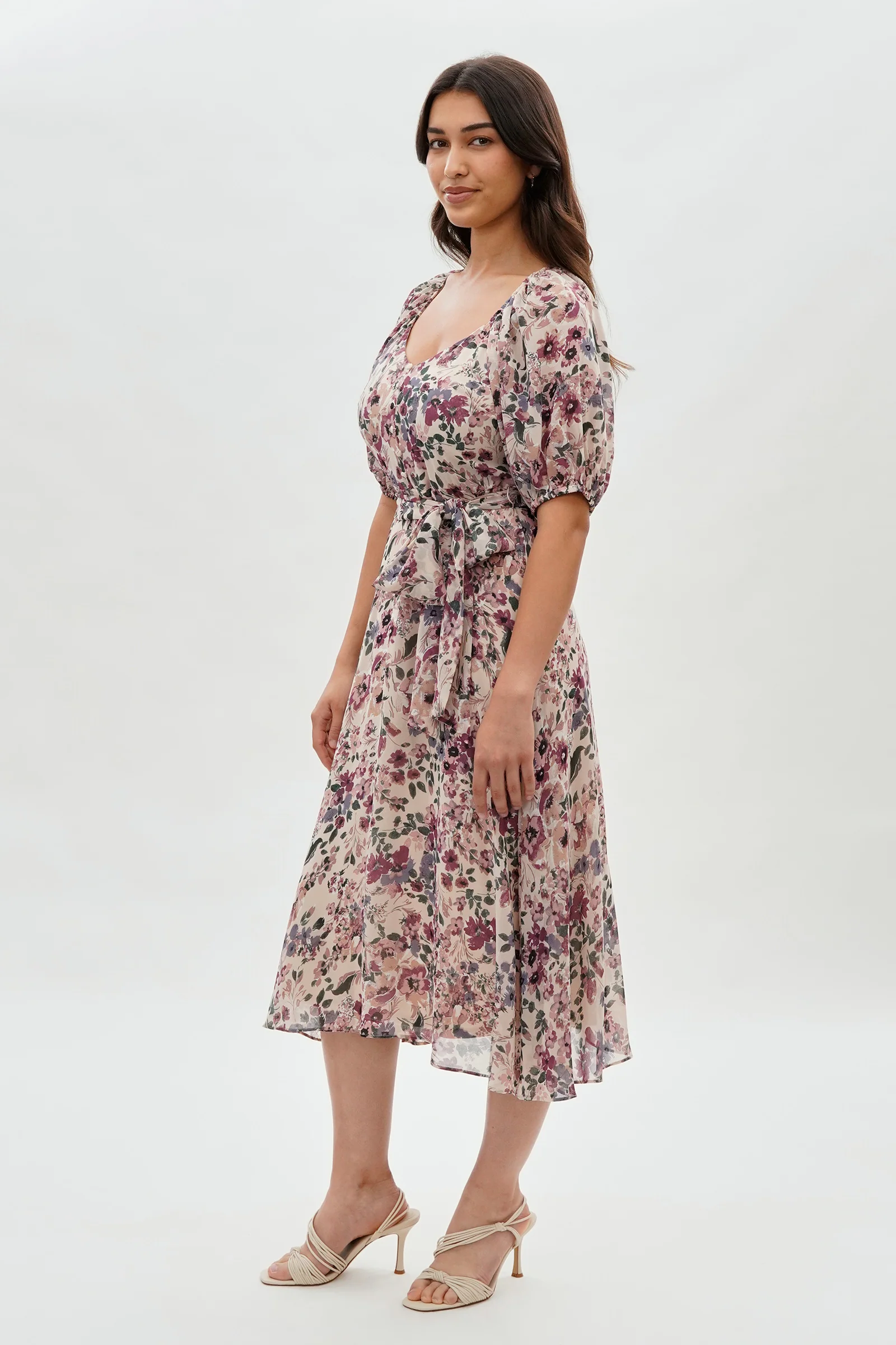 Costa Blanca Floral Short Sleeve Midi Dress - Beige - Image 2